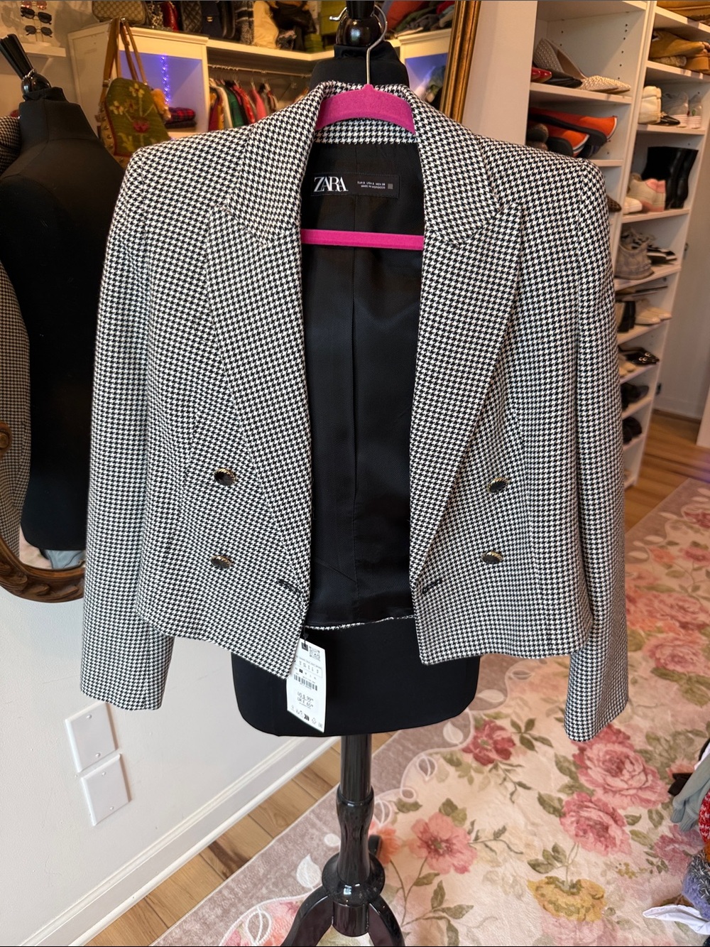Zara Black & White Houndstooth Double-Breasted Cropped Blazer